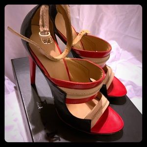 L.A.M.B. Jane Strappy Heel 9 Black Red Cream
